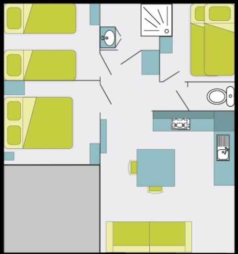 Plantegning af Cottage Premium-hytte på Flower Camping Au Bois Des Biches med soveværelser og køkken.