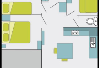 Plantegning af Cottage Premium-hytte på Flower Camping Au Bois Des Biches med soveværelser og køkken.