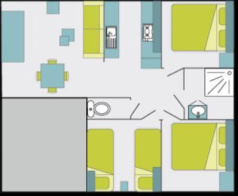 Plantegning af Cottage Premium-hytte på Flower Camping Au Bois Des Biches, med tre soveværelser og fællesarealer.