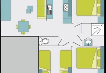 Planimetria del Cottage Premium al Flower Camping Au Bois Des Biches, con tre camere e spazi comuni.