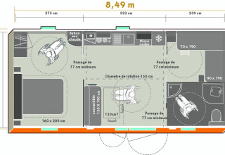 Planimetria dello chalet Stacaravan Life al Flower Camping Au Bois Des Biches, design accessibile.