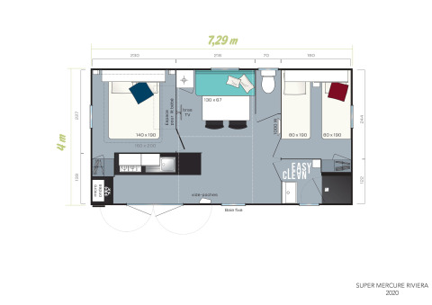 Planimetria dello chalet Stacaravan Family a Flower Camping Au Bois Des Biches, due camere e cucina.