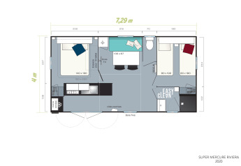 Plan du chalet Stacaravan Family au Flower Camping Au Bois Des Biches avec deux chambres et une cuisine.