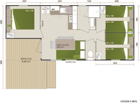 Plan du chalet Stacaravan Family au Flower Camping Au Bois Des Biches, montrant terrasse et chambres.