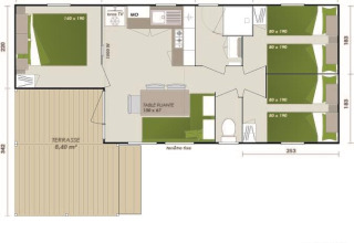 Planimetria dello chalet Stacaravan Family al Flower Camping Au Bois Des Biches, con terrazza e camere.