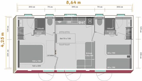 Grundriss des Stacaravan Premium+ Chalets bei Flower Camping Au Bois Des Biches mit Maßen und Ausstattung.