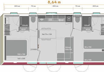 Grundriss des Stacaravan Premium+ Chalets bei Flower Camping Au Bois Des Biches mit Maßen und Ausstattung.