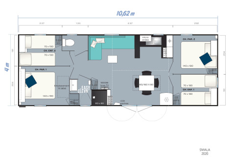 Plano del chalet Stacaravan Family en Flower Camping Au Bois Des Biches, Francia, con habitaciones y salón mostrados.