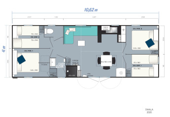 Floor plan of Stacaravan Family chalet at Flower Camping Au Bois Des Biches in France, showing bedrooms and living area.