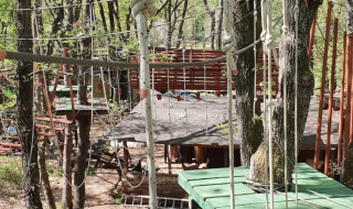 Parco avventura sugli alberi vicino a Pola, Istria, Croazia, con corde, piattaforme e attività di arrampicata.