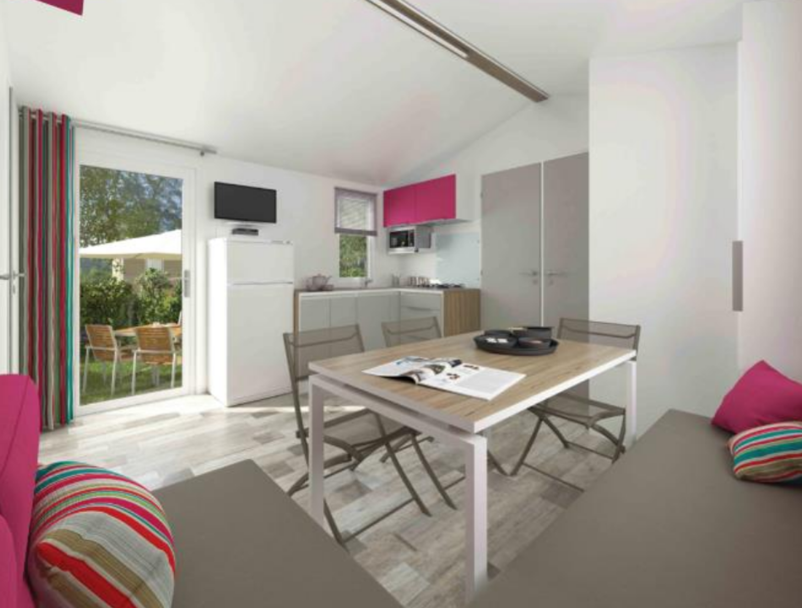 Premium houten stacaravan van 33m² met moderne inrichting en tuinzicht bij Flower Camping La Canadienne, Frankrijk.