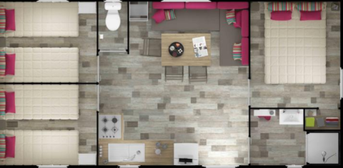 Plantegning af Premium Wooden Mobile Home 33m² på Flower Camping La Canadienne med tre soveværelser.