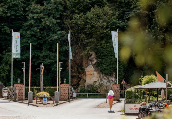 Entrance of Campsite 't Geuldal in the Netherlands with greenery, flags, and a large ice cream statue.