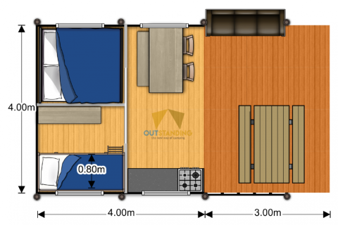 Plan de la tente Safari Compact au camping 't Geuldal, Pays-Bas, avec chambres, cuisine et terrasse.