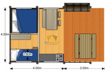 Plan de la tente Safari Compact au camping 't Geuldal, Pays-Bas, avec chambres, cuisine et terrasse.