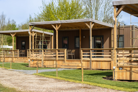 Moderne houten lodges met veranda op een groene camping, omgeven door bomen en een heldere lucht.