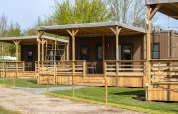 Modern wooden lodges with porches on a green campsite, surrounded by trees under a clear sky.