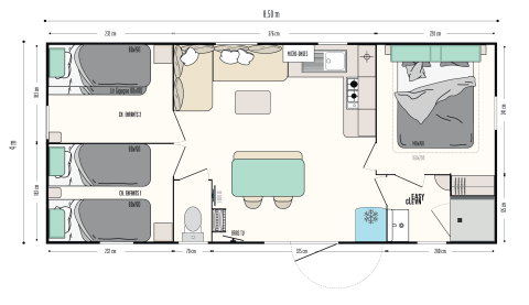 Plattegrond van Limburg Lodge op Camping 't Geuldal met slaapkamers, woonkamer, keuken en badkamer.