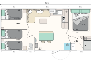 Plattegrond van Limburg Lodge op Camping 't Geuldal met slaapkamers, woonkamer, keuken en badkamer.