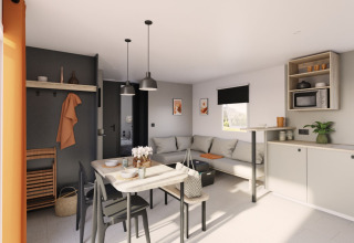 Moderne woon- en eethoek van Limburg Lodge XL op Camping 't Geuldal, Nederland, licht en ruim opgezet.