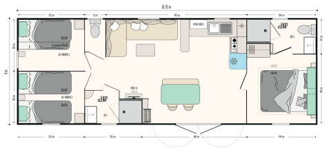 Plattegrond van Limburg Lodge XL op Camping 't Geuldal met drie slaapkamers, badkamers, keuken en leefruimte.
