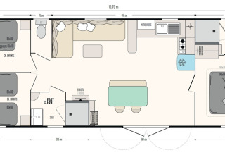 Plattegrond van Limburg Lodge XL op Camping 't Geuldal met drie slaapkamers, badkamers, keuken en leefruimte.