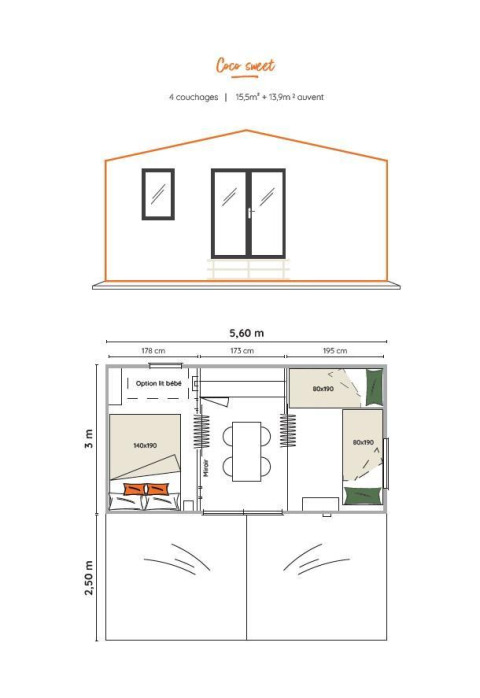 Plattegrond en vooraanzicht van Coco Sweet safaritent voor 4 personen op Camping 't Geuldal in Nederland.