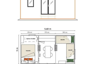 Plattegrond en vooraanzicht van Coco Sweet safaritent voor 4 personen op Camping 't Geuldal in Nederland.