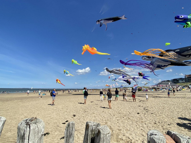 Personas disfrutan de un día soleado en la playa volando cometas coloridas en un alojamiento glamping.