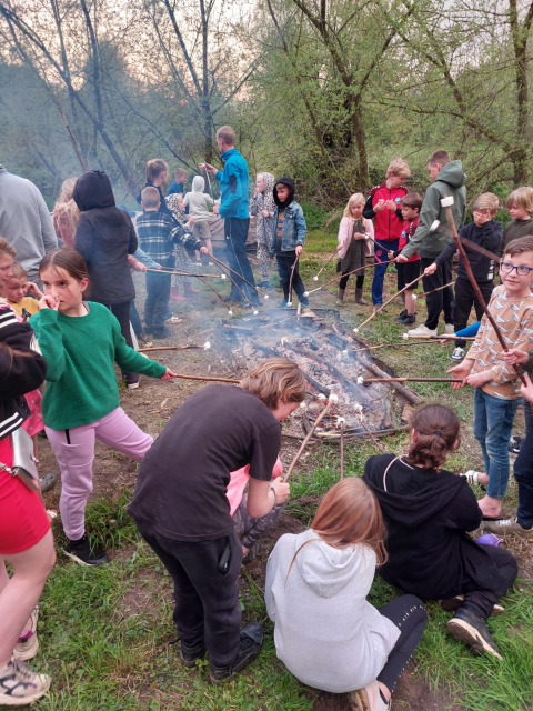 Bambini e adulti arrostiscono marshmallow sul fuoco al campeggio 't Geuldal in Limburgo, Paesi Bassi.