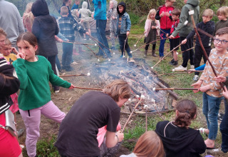 Bambini e adulti arrostiscono marshmallow sul fuoco al campeggio 't Geuldal in Limburgo, Paesi Bassi.