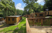 Chalets en bois au parc de vacances Hameau de la Semois en Luxembourg belge, entourés de verdure et d’arbres.