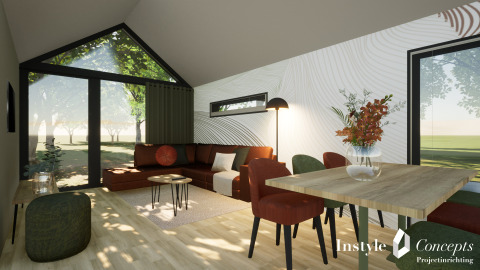 Moderne og hyggelig lodge med store vinduer, træmøbler og udsigt til skov ved Camping Si-Es-An i Holland.