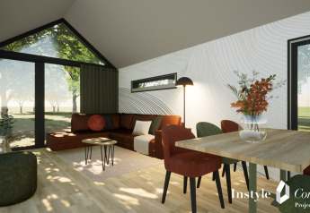 Lodge moderne et chaleureuse avec grandes baies vitrées, mobilier bois et vue forêt au Camping Si-Es-An, Pays-Bas.