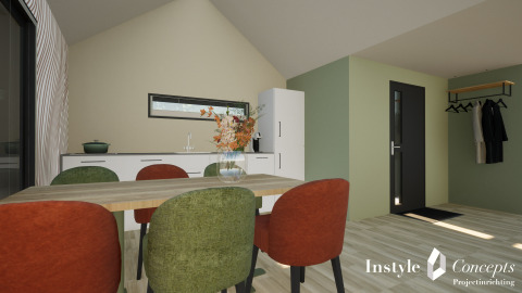 Moderne spise- og opholdsområde i Cosy Lodge på Camping Si-Es-An, Holland, med farverige stole.