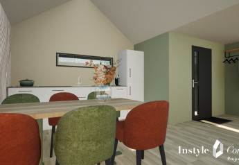 Coin repas et salon moderne à la Cosy Lodge du Camping Si-Es-An, Pays-Bas, avec chaises colorées.