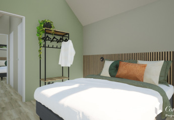 Chambre à Cosy Lodge, Camping Si-Es-An aux Pays-Bas, avec murs verts et décoration moderne.