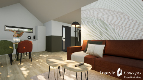 Moderne indretning af stue og spisekrog i Cosy Lodge på Camping Si-Es-An, Holland med nordisk design.