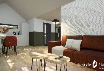 Séjour moderne du Cosy Lodge au Camping Si-Es-An, Pays-Bas, avec salon et coin repas élégamment aménagés.