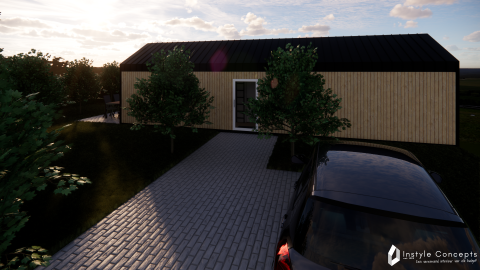 Indgang til Reestdal-lodgen ved Camping Si-Es-An i Holland med parkering og træbeklædt facade.