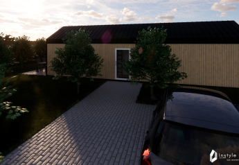 Vue de la façade avant de la lodge Reestdal au Camping Si-Es-An aux Pays-Bas, avec voiture garée.