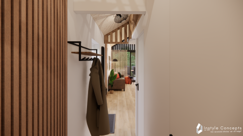 Indgang med trægulv og opholdsstue i Reestdal lodge på Camping Si-Es-An i Nederlandene.