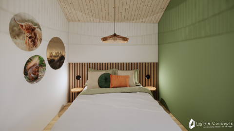 Soveværelse i Reestdal lodge på Camping Si-Es-An, Holland, med grønt vægdesign og naturbilleder.
