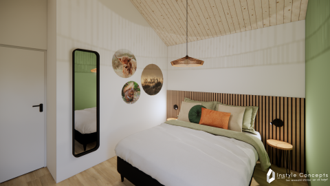 Moderne soveværelse på Reestdal lodge, Camping Si-Es-An, Holland med lyse træpaneler og stilfuldt interiør.