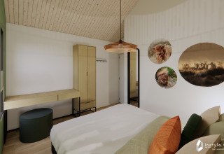 Moderne soveværelse på Reestdal lodge i Camping Si-Es-An, med naturelementer og træloft.