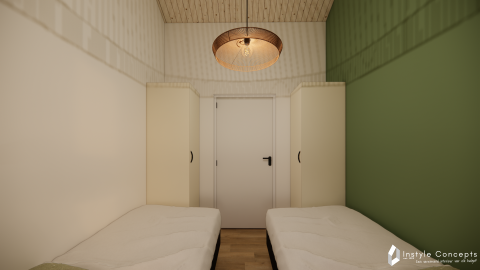 To enkeltsenge, skabe og en grøn accentvæg i et moderne værelse på Reestdal lodge ved Camping Si-Es-An.