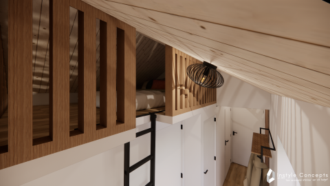 Interiør af Reestdal-lodge på Camping Si-Es-An, med hemseseng, stige og moderne trædesign.