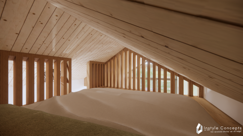 Indvendig udsigt af det hyggelige soveområde på Reestdal Lodge ved Camping Si-Es-An, Nederlandene.