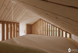 Indvendig udsigt af det hyggelige soveområde på Reestdal Lodge ved Camping Si-Es-An, Nederlandene.