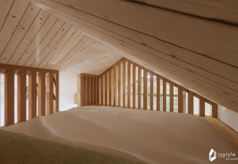 Interior view of cozy sleeping loft at Reestdal Lodge, Camping Si-Es-An, in the Netherlands with wood finish.